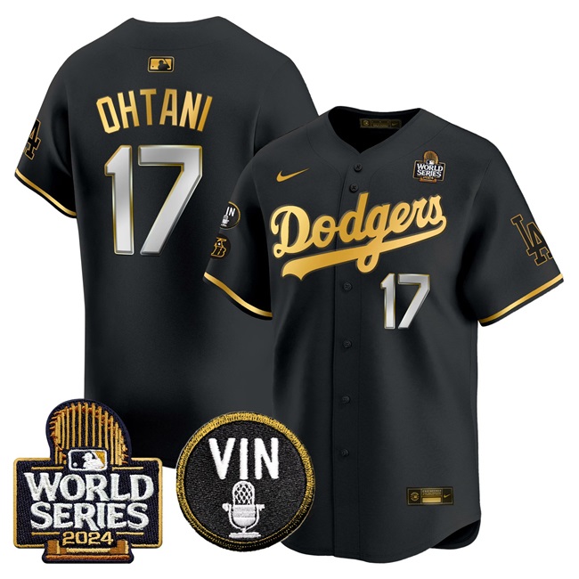 Men's Los Angeles Dodgers #17 Shohei Ohtani Black/Gold 2024 World Series Vin & Kobe Patch Limited Stitched Baseball Jersey Men's Los Angeles Dodgers #17 Shohei Ohtani Black/Gold 2024 World Series Vin & Kobe Patch Limited Stitched Baseball Jersey